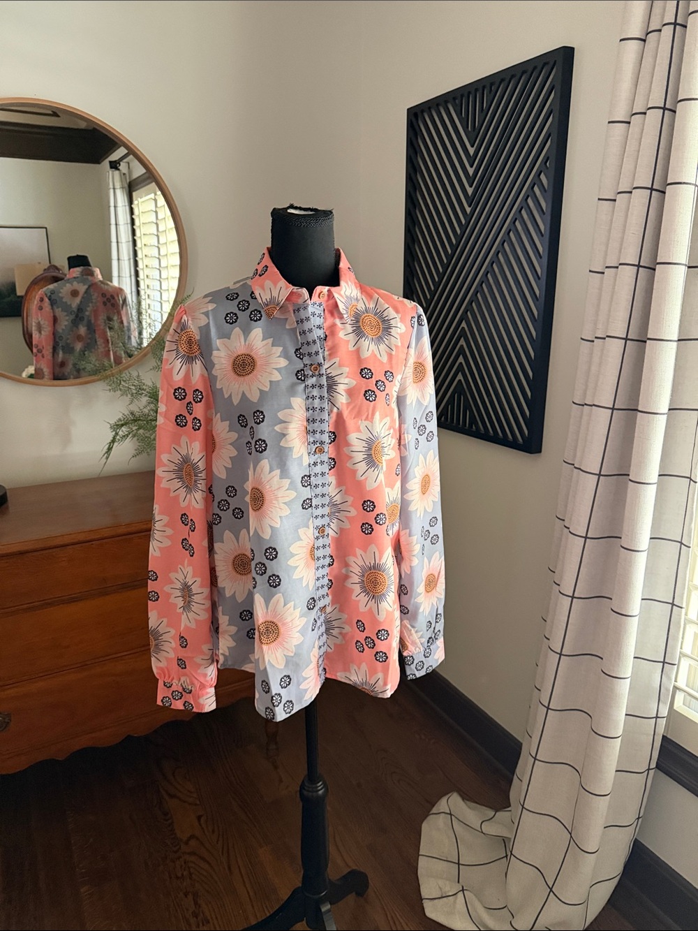 Mazik Peach and Light Blue Floral Button-Down Shirt medium